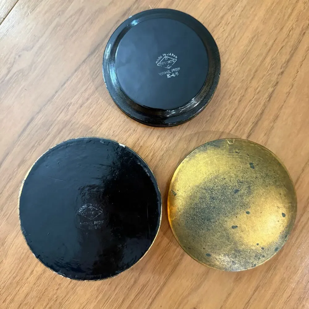 Coaster Set of 6 Gold Tone Metal Aged Patina Black Lacquer Round Wood Box Japan
